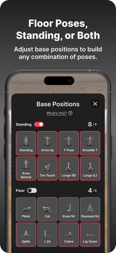 WeStretch: Stretching & Splits - Interface móvel para selecionar posições base no chão e em pé para alongamento