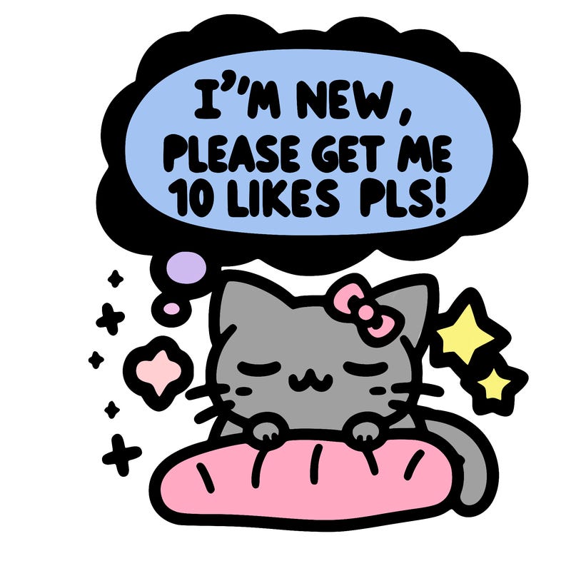 kitty taking a nap dream talking and saying "i'm new, please get me at least 10 likes pls!!"