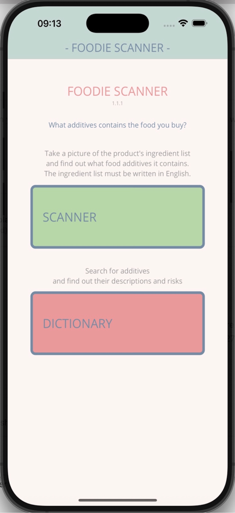 Foodie Scanner - Pantalla de inicio de la aplicación Foodie Scanner con botones para escanear ingredientes y diccionario de aditivos