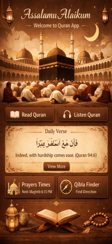 Main dashboard of the Quran Daily app showing prayer times and daily verse