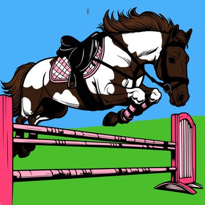 a realistic horse jumping in high jump with a saddle and bridle on