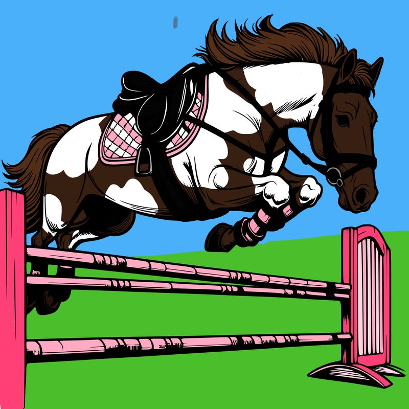 a realistic horse jumping in high jump with a saddle and bridle on