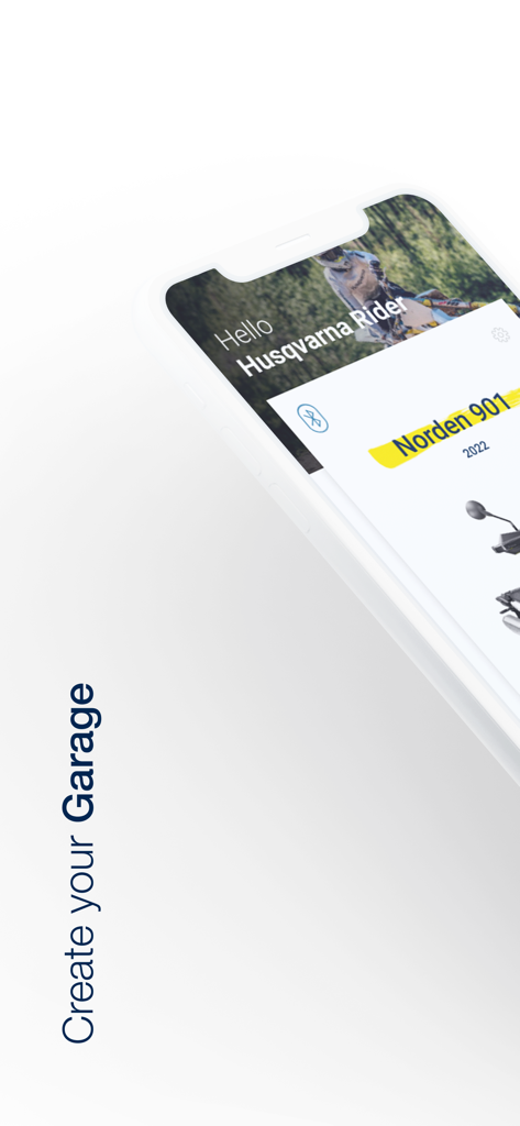 Ride Husqvarna Motorcycles App-Bildschirm, der die Funktion "Garage erstellen" mit einer Norden 901-Motorradkarte anzeigt