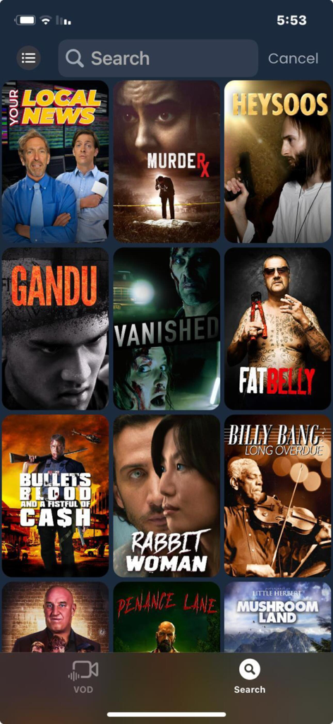 A search interface within the Stream app showing a grid of various free movie and TV show posters