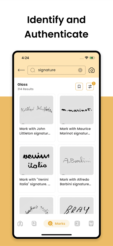 WorthPoint app interface showing identification of glass makers marks and signatures