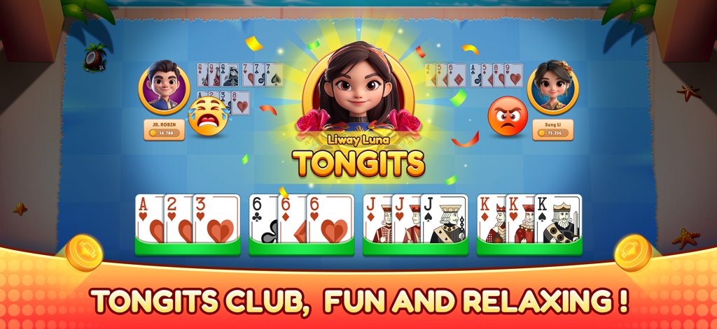Tongits Club Offline - Gameplay screen of Tongits Club Offline featuring a card match with three animated players and card sets.