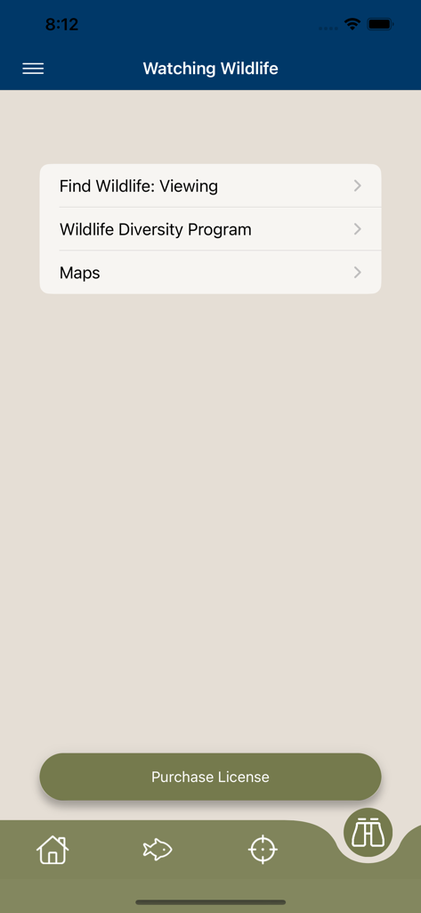 Watching Wildlife menu in the Go Outdoors Oklahoma app with options for wildlife viewing diversity program and maps