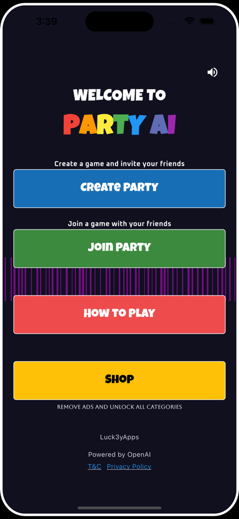 Party Ai - Main menu of Party Ai game with colorful buttons to create or join a party.