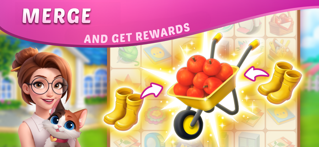 DesignVille: Merge & Design - 사과 수레에 담긴 아이템들이 결합되는 것을 보여주는 병합 퍼즐 옆에 고양이를 든 캐릭터