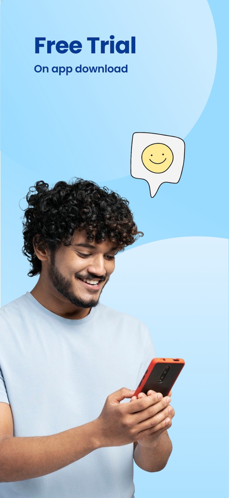 Raza.com International Calling - Smiling man using his smartphone with a free trial offer for Raza international calling app.
