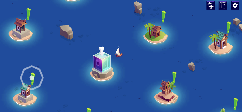 Vue de carte aérienne d'îles colorées dans une mer bleue avec des marqueurs de quête et un petit bateau.