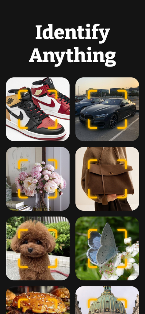 AI Lens Scanner - Image Search - A collage showing the AI Lens Scanner app identifying various objects like sneakers, cars, and pets.