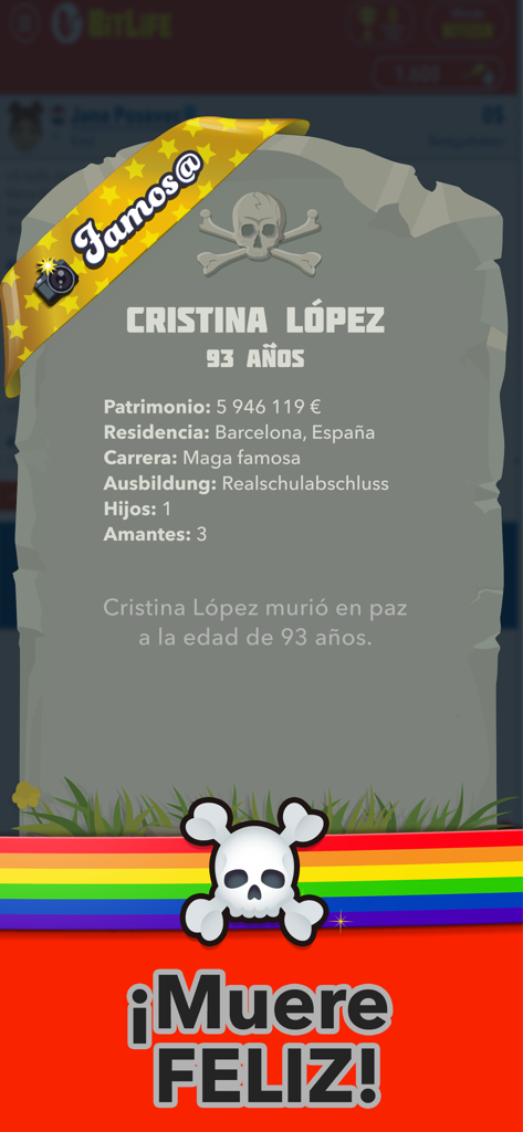 Tela de resumo de morte de personagem em BitLife Português mostrando uma lápide com estatísticas finais da vida e o texto Morra Feliz.