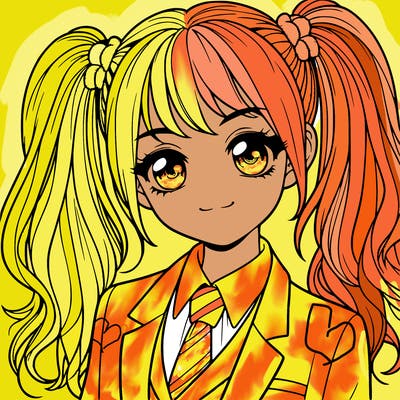 realistic girl with two ponytails and a suit on