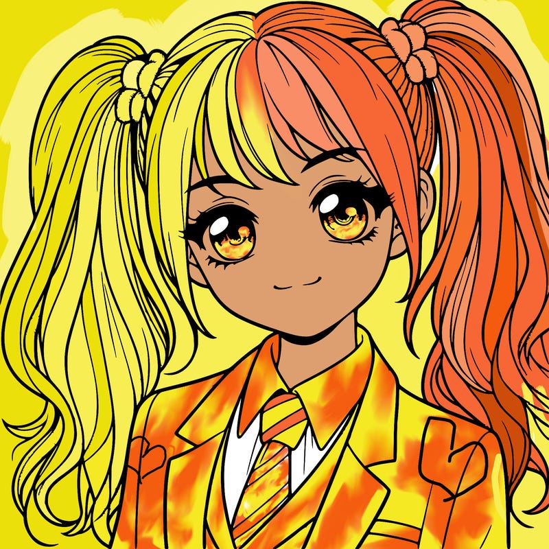 realistic girl with two ponytails and a suit on