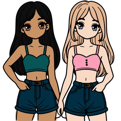 two sisters with crop tops and jean shorts and straight hair