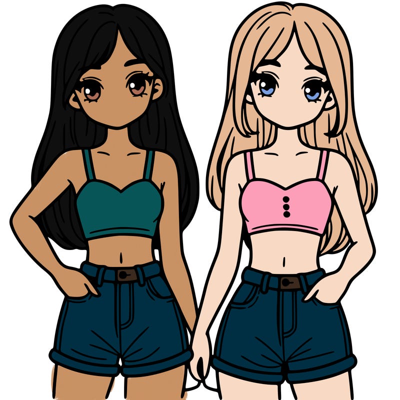 two sisters with crop tops and jean shorts and straight hair