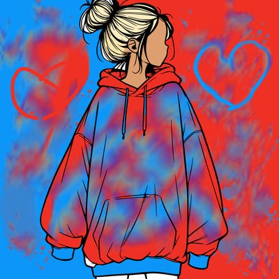 realistic girl with a oversized sweatshirt on and a bun