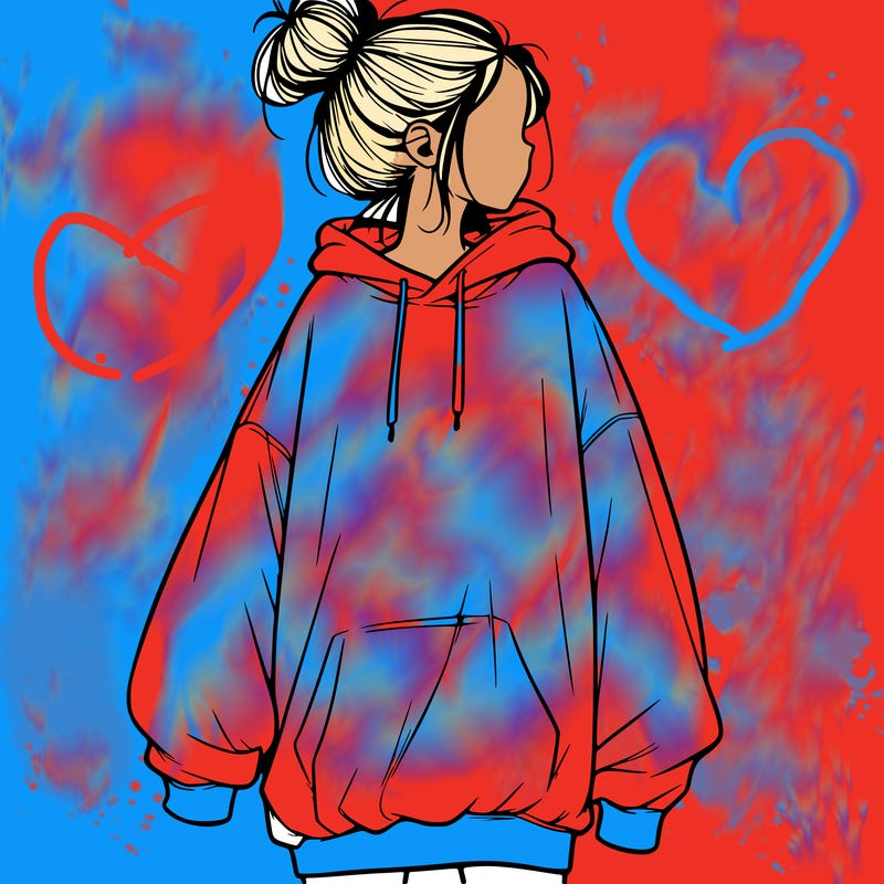realistic girl with a oversized sweatshirt on and a bun