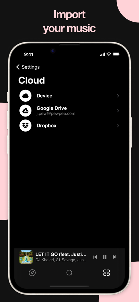 PewPee: Music Player Offline - Interface showing cloud import options for PewPee music player including Google Drive and Dropbox