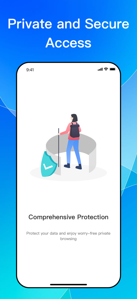 Open VPN-Unlimited Proxy - Captura de pantalla de la aplicación Open VPN que destaca el acceso privado y seguro con protección de datos completa