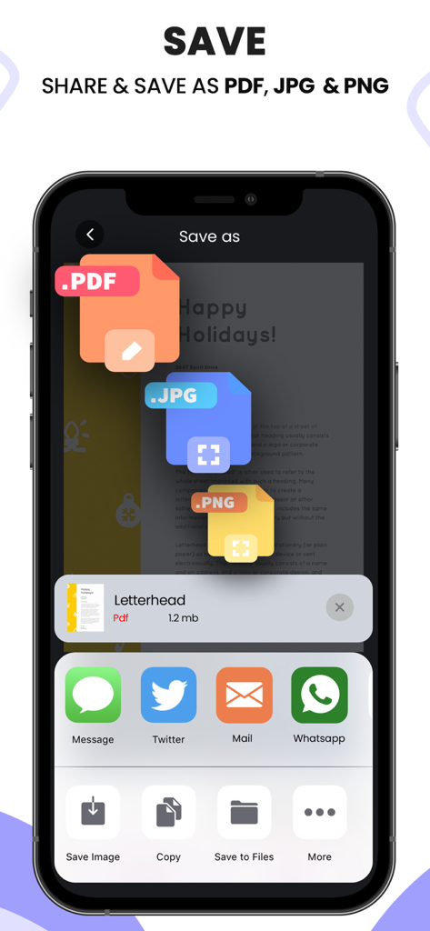 Scanner| Document PDF ScanLens - Eine mobile Benutzeroberfläche, die Optionen zum Speichern und Teilen gescannter Dokumente als PDF, JPG oder PNG per E-Mail und Social Media anzeigt.