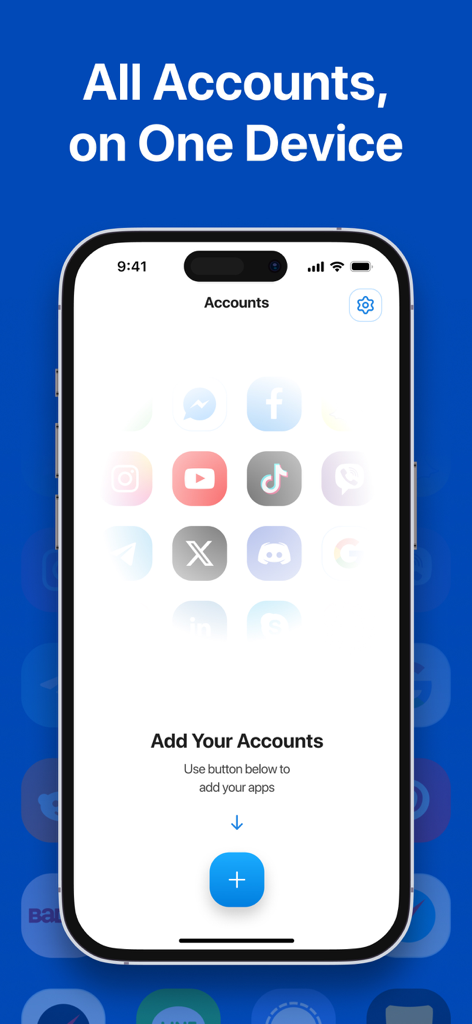 TikTok, YouTube, Facebook과 같은 여러 소셜 미디어 계정을 한 곳에서 추가하기 위한 듀얼 스페이스 앱 인터페이스를 표시하는 iPhone 화면.
