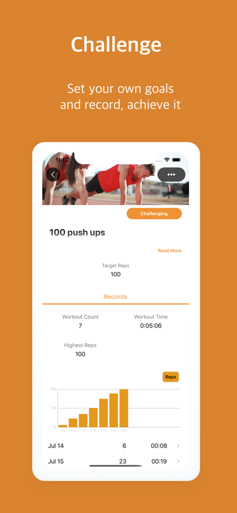 Pushupstar: push ups counter - Pushupstar app interface showing a 100 pushups challenge with workout progress and stats