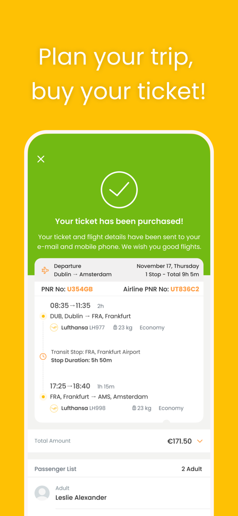 Ubfly - Cheap Flights - Uma tela de celular do aplicativo Ubfly confirmando a compra de uma passagem aérea com detalhes do itinerário e preço