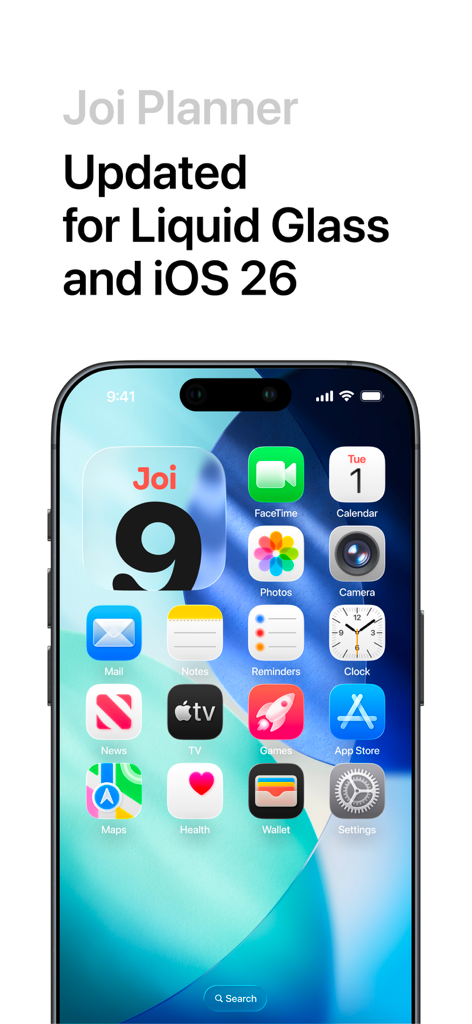Joi: Daily Planner & Organizer - La aplicación Joi Daily Planner mostrada en la pantalla de inicio de un iPhone con un mensaje de actualización para iOS