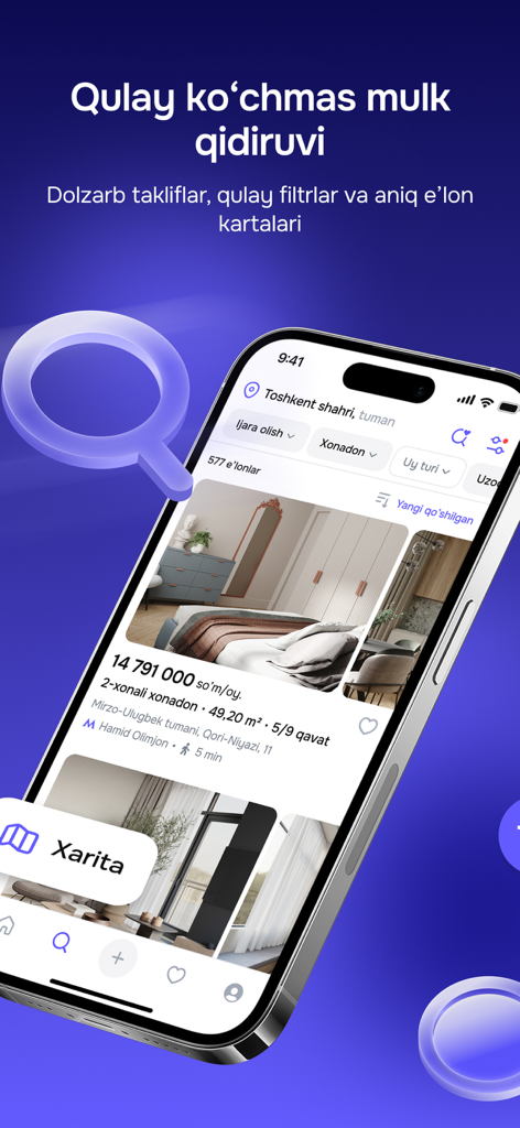 Urbo - Uy sotib olish va ijara - Smartphone displaying Urbo real estate app with property listings and search filters for Uzbekistan