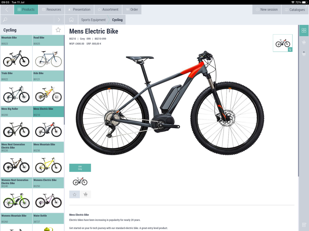 iPadに表示された電動自転車のaWorkbook B2Bセールスアプリインターフェース