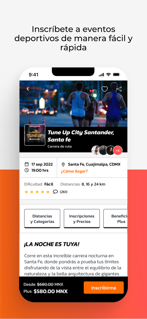 Asdeporte Oficial - Mobile interface showing registration details for a night running race on the Asdeporte app