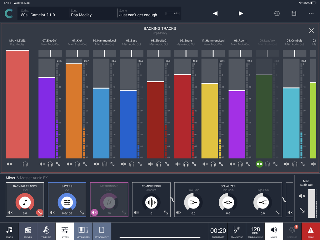 Camelot Pro app interface showing a multi-track audio mixer for live performance backing tracks