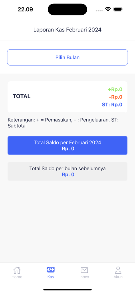 RTPINTAR - Financial report screen in RTPINTAR app showing monthly cash balance and expense tracking for homeowners associations