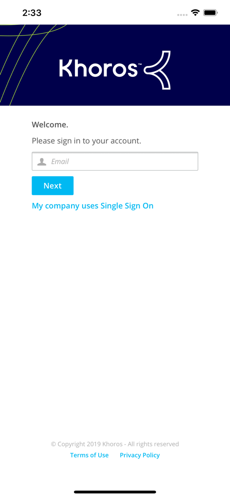 Khoros Marketing - Écran de connexion de l'application mobile Khoros Marketing avec champ de saisie d'e-mail et option d'authentification unique.