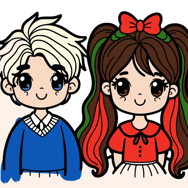 boy with silky hair and a girl with two pigtails