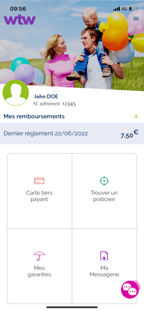 Santé WTW - Tableau de bord de l'application Santé WTW montrant le statut des remboursements d'assurance santé et les icônes de navigation des services.