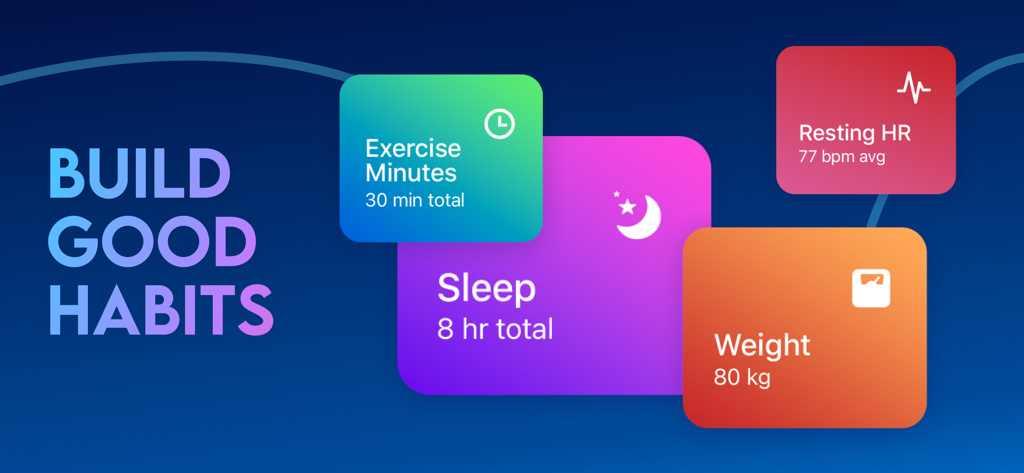 Instant Heart Rate+ HR Monitor - Graphic showing health metrics for exercise, sleep, heart rate, and weight under the slogan Build Good Habits