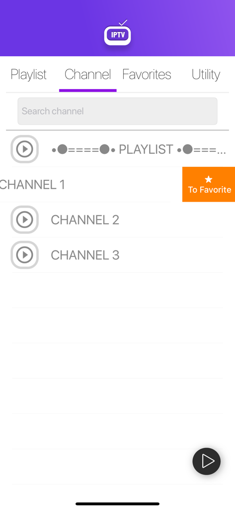 IPTV Easy - m3u Playlist - IPTV Easy App-Oberfläche mit einer Liste von Kanälen und einer Suchleiste für Live-TV-Streaming.