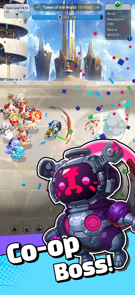 A group of chibi characters battling a giant mechanical robot boss in a co-op mission.