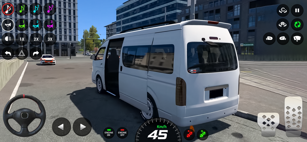 Dubai Van Simulator Game 3D - A white passenger van parked on a modern city street in Dubai Van Simulator Game 3D with driving UI controls
