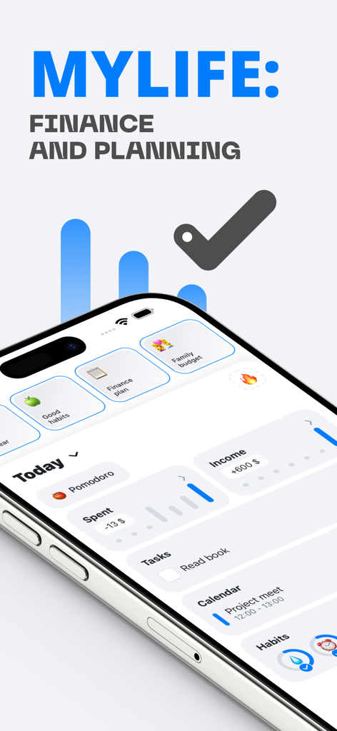 Pantalla de smartphone mostrando el panel de la aplicación MyLife con herramientas de seguimiento financiero, hábitos y planificación