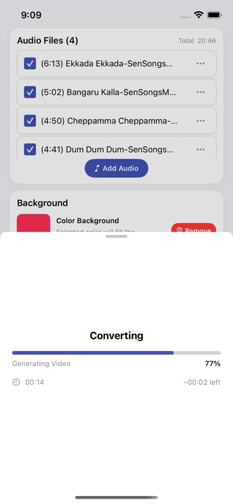Écran montrant des fichiers audio en cours de conversion en vidéo avec une barre de progression à 77%.