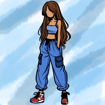 girl in baggy pants crop top and long hair