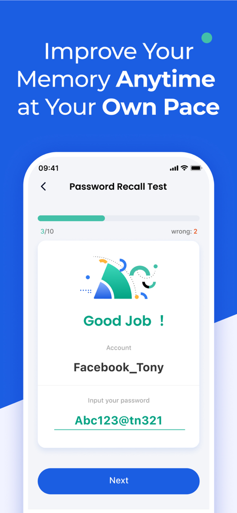 Authenticator App ⁸ - Eine mobile App-Oberfläche, die einen Passwort-Abruf-Testbildschirm mit einer Erfolgsmeldung für die Anmeldung bei einem Facebook-Konto anzeigt