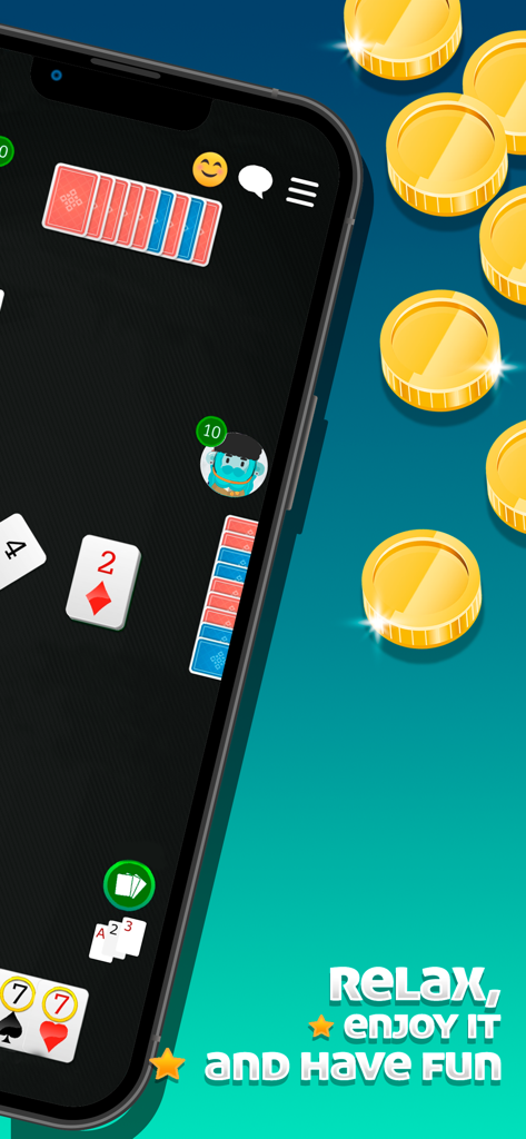 Cacheta - Jogo de Cartas - Pantalla de smartphone que muestra la jugabilidad del juego de cartas Cacheta con naipes y monedas de oro