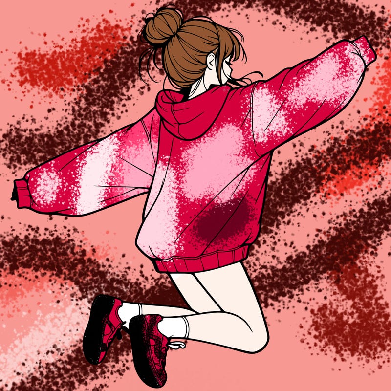 realistic girl jumping with a bun and oversized sweatshirt