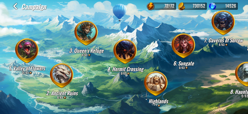 Arcane Heroes: Warbound - A fantasy world map in Arcane Heroes Warbound showing different campaign stages like Valley of Flowers and Ancient Ruins.