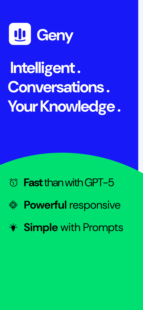 Marketing screen for Geny AI Assistant highlighting intelligent conversations and key features including speed and simplicity